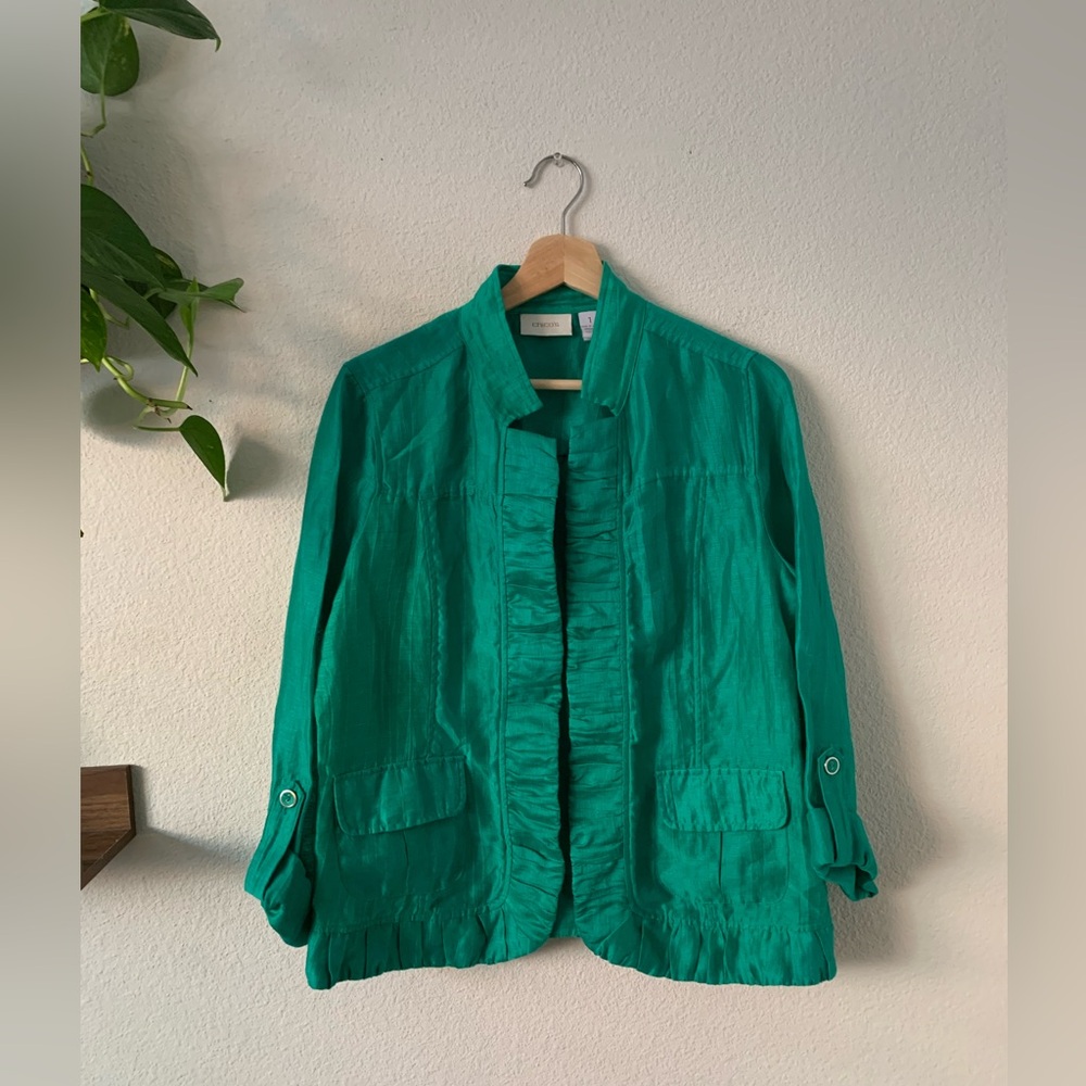 Chicos Size 1 Green Linen Blend Open Front Roll Tab Sleeve Blazer Jacket M/8/10
